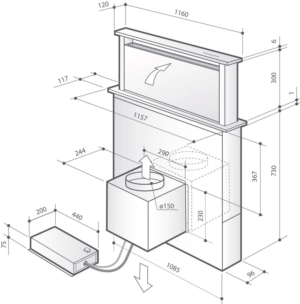 Výsuvný odsavač par De Dietrich DHD7261B detail na vnitřní pohled kuchyňské linky a rozměry